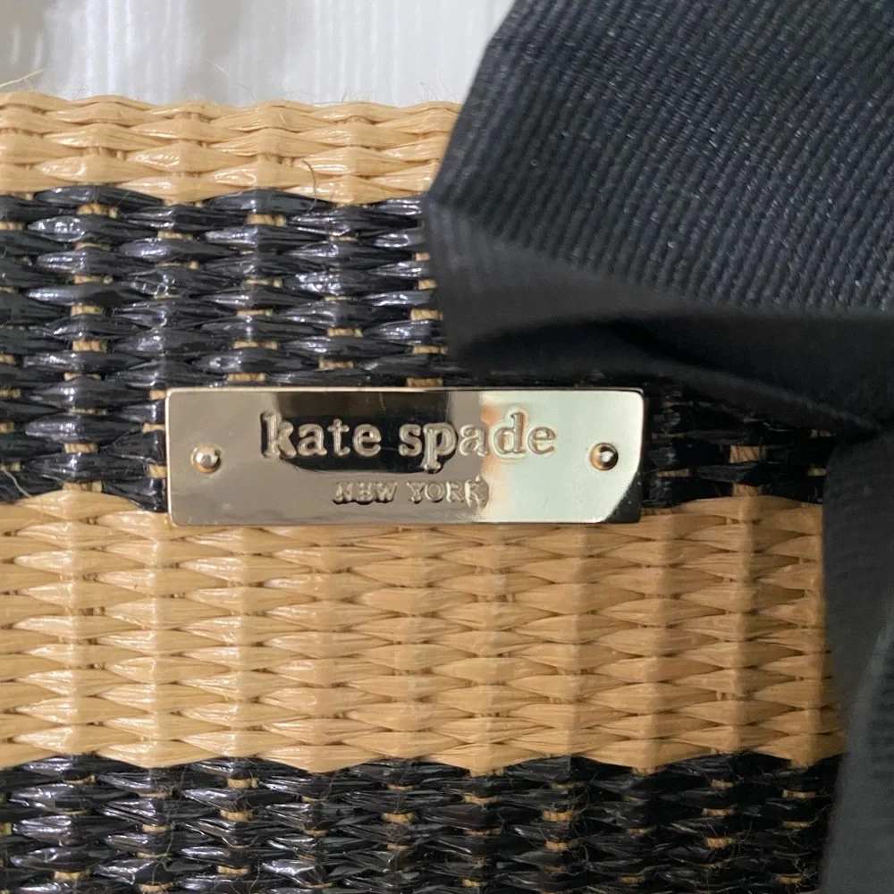 kate spade Black and Tan Striped Straw Tote with Black Bow